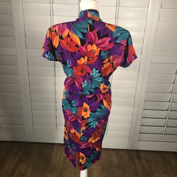 Vintage 80's Tess Dress S Bright Floral Print Blouson Turquoise Purple Sheath - Picture 4 of 12